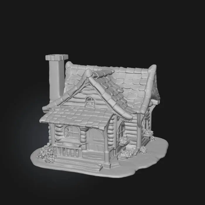 3D model for une taverne d'un village medieval fantastique. les tuile seraient  de couleurs terre provençale. la structure en bois. la bâtisse aurait un forme de L.
une porte d'entrée, deux fenetres. il y aurait une petite clôture en bois autour,