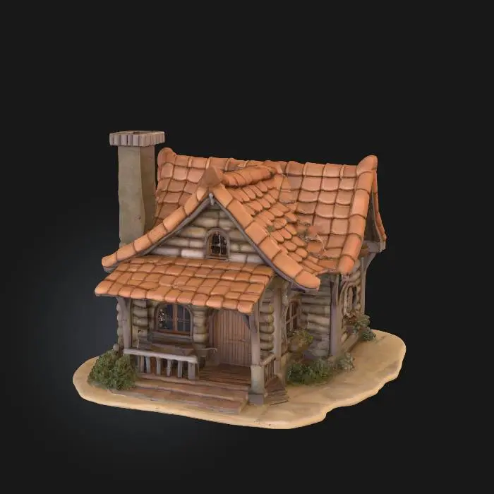3D model for une taverne d'un village medieval fantastique. les tuile seraient  de couleurs terre provençale. la structure en bois. la bâtisse aurait un forme de L.
une porte d'entrée, deux fenetres. il y aurait une petite clôture en bois autour,