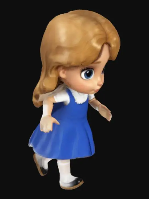 3D model for  game cartoon young girl in t-pose with long, golden or light brown hair, often depicted as wavy or slightly curly. She is wearing a blue dress with a white pinafore, white stockings, and black Mary Jane shoes