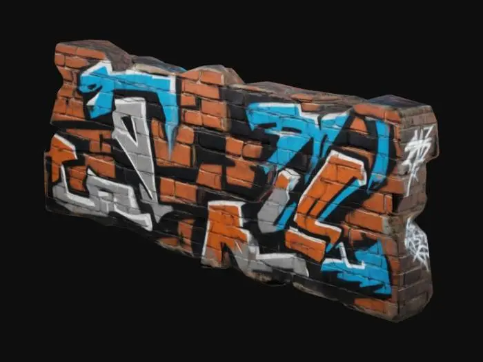 3D model for big wide brick wall with a relief of a stylish graffiti tag on it