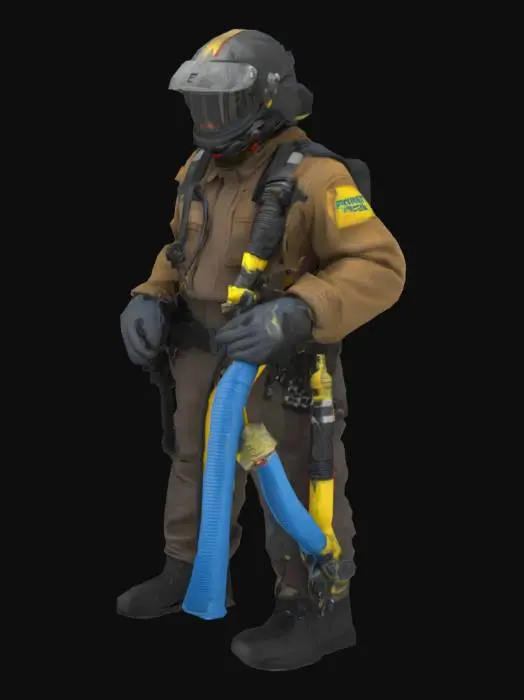 3D model for Design a pit crew member refueling the car with a large blue and yellow hose connected to a fuel port. The model wears flame-resistant gear, a full helmet with communication headset, and protective gloves. Pose them leaning forward with both hands on the fuel hose, slightly bracing. Include realistic hose details and fuel rig connectors, with proper nozzle positioning.
