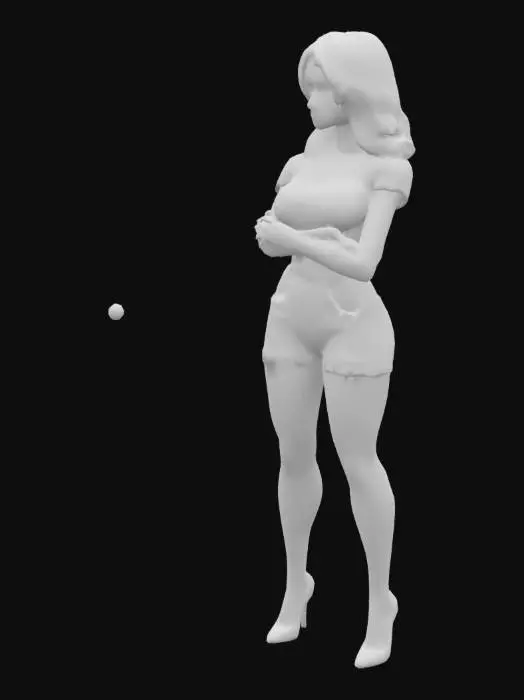 3D model for Female standing with her arms crossed in front of her, under her ample chest, in a snug fitting white t-shirt, shorts, long legs and high heel shoes.