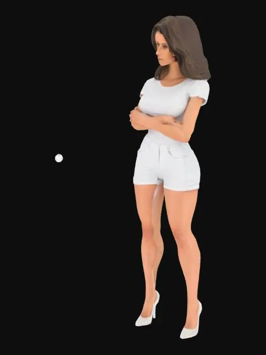 3D model for Female standing with her arms crossed in front of her, under her ample chest, in a snug fitting white t-shirt, shorts, long legs and high heel shoes.