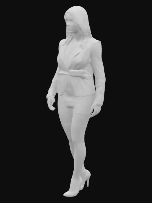 3D model for A stunning brunette with fair skin, light green eyes, rocking a gray blazer and black mini skirt, sits on a wooden desk, legs crossed, showing off black stockings and killer black heels. 