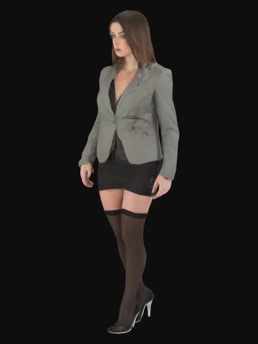 3D model for A stunning brunette with fair skin, light green eyes, rocking a gray blazer and black mini skirt, sits on a wooden desk, legs crossed, showing off black stockings and killer black heels. 