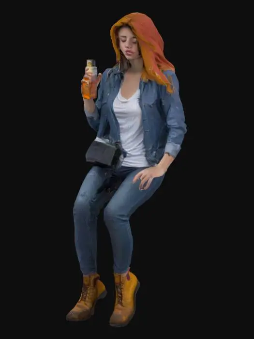 3D model for A young woman sitting on the hood of an old Ford Mustang, in the pouring rain.
She holds a bottle against her lips, eyes closed, in a relaxed pose.

She wears denim and a , T-shirt that sticks to her leaving her subtly guessing, her two feet resting on the bumper.


