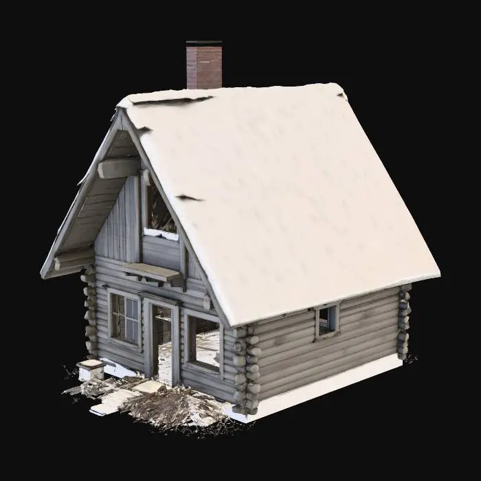 3D model for 破损不堪的木屋 屋顶上覆盖着雪 有室内结构