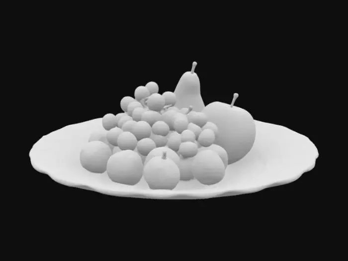 3D model for золотая тарелка с средневековом стиле  с фруктами типа виноград яблоко и прочее типа блюдо с красивыми узорами.