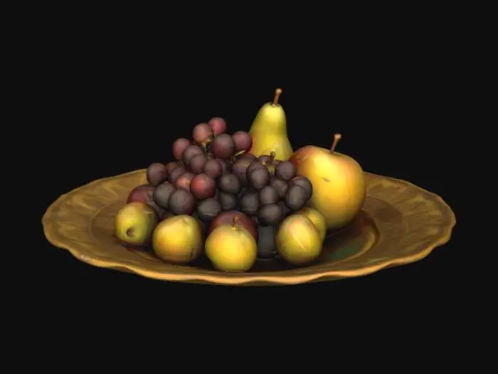 3D model for золотая тарелка с средневековом стиле  с фруктами типа виноград яблоко и прочее типа блюдо с красивыми узорами.