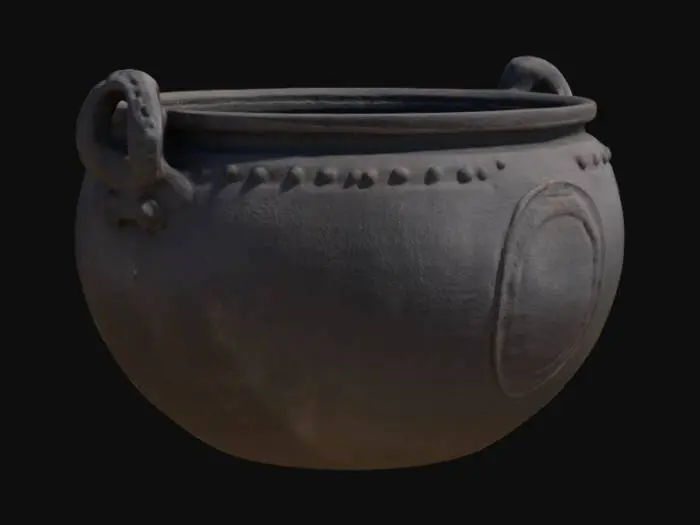 3D model for Большой казан из средневековой замковой кухни, выкованный из толстого, тяжелого чугуна, имеет сферическую форму с широким устьем и массивными, приклепанными ручками по бокам. Его поверхность черная и шероховатая, покрытая местами плотным слоем копоти и следами окалины, что придает ей глубокую, текстурированную патину. Казан выглядит прочным и массивным, его металл кажется холодным и грубым на ощупь. Изнутри он гладкий, но тоже темный от многолетнего использования.