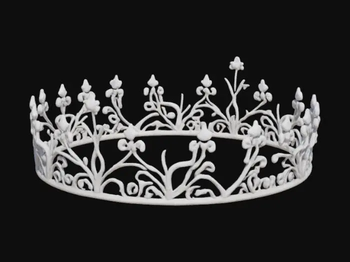 3D model for Лёгкая, воздушная корона из переплетенных серебряных ветвей, покрытых тончайшей изморозью из мелких бриллиантов и кристаллов кварца. Её ажурная структура напоминает морозный узор или лесную чащу. Серебро имеет матовый, слегка шероховатый вид, а кристаллы кажутся острыми и колкими. Корона искрится на свету, создавая впечатление хрупкости и эфирной красоты. Она кажется невесомой, но её форма четко очерчена.