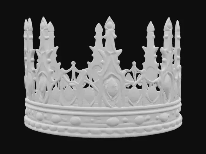 3D model for Корона из полированного золота, выполненная в массивном, но изящном готическом стиле. Её ободок украшен резными миниатюрными арками и остроконечными шпилями, инкрустированными крупными, темно-красными рубинами и переливающимися черными ониксами. Поверхность золота гладкая и прохладная на ощупь, но резьба придает ей тактильную сложность. Камни закреплены в крапанах, слегка выступая, их грани ловят свет, создавая глубокие тени и яркие блики.