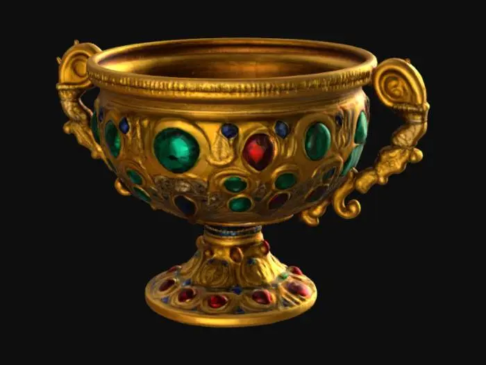 3D model for Великолепный средневековый золотой кубок, искусно изготовленный из тяжелого,  золота с гладкой, прохладной поверхностью. Его массивная чаша и витиеватая ножка богато украшены искусно ограненными драгоценными камнями: глубоко-зелеными изумрудами, ярко-синими сапфирами и огненно-красными рубинами, каждый из которых ощущается твердым и граненым. Золото деликатно украшено витиеватыми узорами, придающими ему богатый, текстурированный вид, намекающий на древнее мастерство и роскошное предназначение. 4к, гиперреализм, кристалы, ультрадетализрованный
