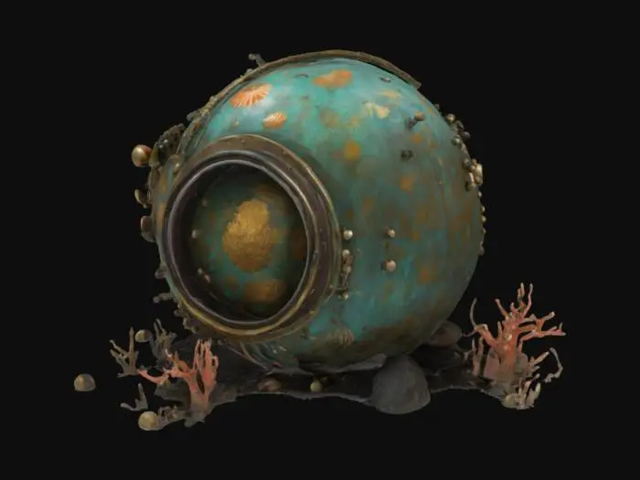 3D model for Фотореалистичный старый, массивный подводный сферический шлем из потускневшей латуни покрыт глубокими царапинами и следами окисления, а на его поверхности и по всему корпусу растут яркие, причудливые кораллы и ракушки. Некоторые из них излучают мягкое, загадочное биолюминесцентное свечение, придающее костюму неземной вид. Металл ощущается прохладным и тяжелым, а кораллы имеют разнообразную, местами шершавую, местами скользкую текстуру. 4К, фотореализм, гиперреализм, ультра детализация, #ocean#