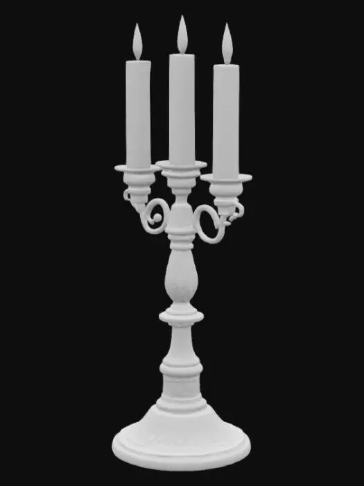 3D model for Тройной подсвечник в средневековом стиле, изготовленный из темного, состаренного металла, возможно, кованого железа или бронзы с патиной, имеет тяжелое основание и три изогнутых, витиеватых рожка. Его поверхность неровная, шершавая на ощупь, с глубокими бороздками и следами давности. На каждом рожке установлена толстая, слегка деформированная свеча кремового или желтоватого оттенка. Свечи горят, и по их бокам стекают потоки застывшего, полупрозрачного воска, образуя причудливые, объемные наплывы, которые капают на сам подсвечник, придавая ему уникальный, органический рельеф.