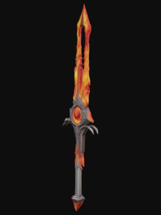 3D model for Устрашающий даэдрический огненный меч в стиле Sci-Fi, его клинок пульсирует интенсивным, ультрареалистичным пламенем, словно высокоэнергетическая плазма. Рукоять выполнена из темного, угловатого, почти металлического материала с грубой текстурой, местами потрескавшейся. В самом центре рукояти глубоко инкрустирован крупный, идеально гладкий на ощупь кроваво-красный рубин, от которого во все стороны расходятся яркие, электрические молнии, придающие мечу футуристический и мощный вид. Sci-fi стиль, наследие, фэнтези, 4k, реалистичный, игровые ресурсы, высокая детализация, ультрареалистичный