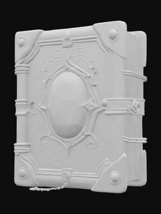 3D model for средневековый магический запретный гримуар из кожи и метала с огромным магисеским камне инкрустированным на обложке кожаный переплет с металическими вставками тапечатаный на цепях с стиле фентези, 4k, реалистичный, игровые ресурсы, высокая детализация, ультрареалистичный