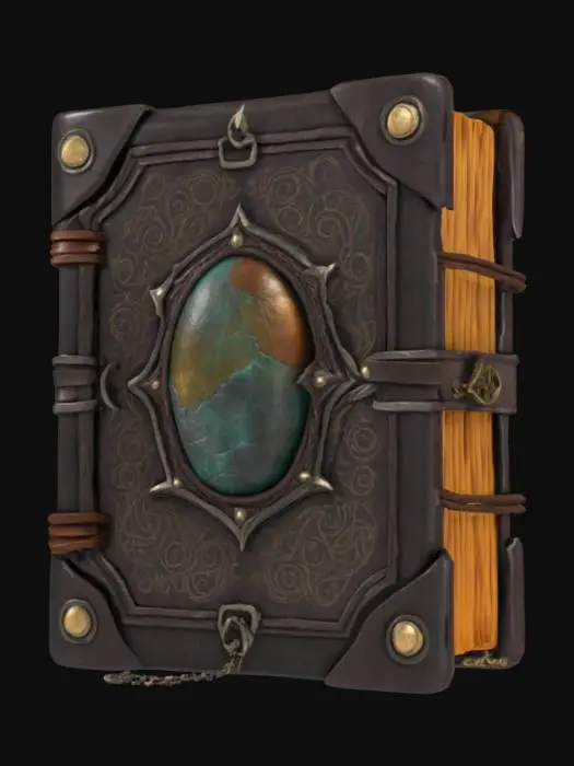 3D model for средневековый магический запретный гримуар из кожи и метала с огромным магисеским камне инкрустированным на обложке кожаный переплет с металическими вставками тапечатаный на цепях с стиле фентези, 4k, реалистичный, игровые ресурсы, высокая детализация, ультрареалистичный