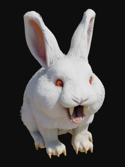 3D model for Пушистый белый саблезубый кролик с компактным, но крепким телосложением. Его мех невероятно густой и мягкий на ощупь, белоснежного цвета, создающий впечатление невинности. Однако из верхней челюсти выступают два угрожающих, длинных, острых саблевидных зуба, выполненных из кости или клыка, которые на ощупь гладкие и твердые. Глаза кролика ярко-красные, пронзительные, контрастирующие с белым мехом и придающие ему неожиданно хищный, но при этом странно милый вид. 4k, реалистично, игровые ресурсы, высокая детализация, ультрареалистично

