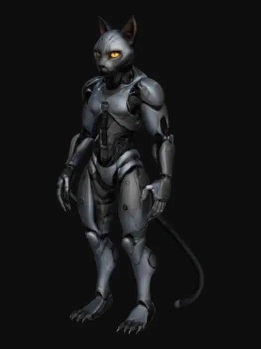3D model for киборг высокий кот гуманоид в полный рост в стиле гиперреализм, гост ранер, сайфай, 4 к, игровой актив, высокодетализированный,
