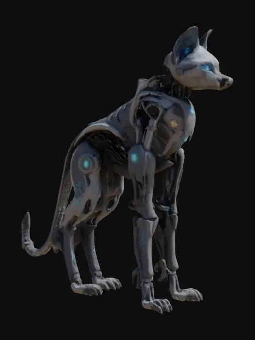 3D model for киборг высокий кот гуманоид в полный рост в стиле гиперреализм, гост ранер, сайфай, 4 к, игровой актив, высокодетализированный,
