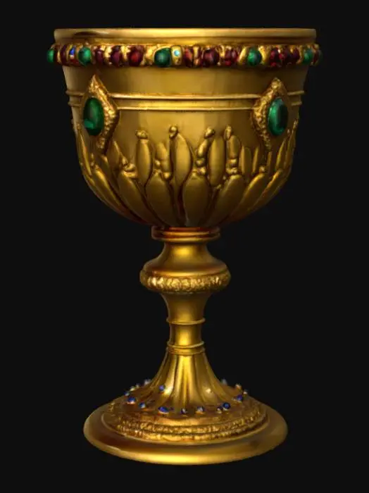 3D model for Великолепный средневековый золотой кубок, искусно изготовленный из тяжелого,  золота с гладкой, прохладной поверхностью. Его массивная чаша и витиеватая ножка богато украшены искусно ограненными драгоценными камнями: глубоко-зелеными изумрудами, ярко-синими сапфирами и огненно-красными рубинами, каждый из которых ощущается твердым и граненым. Золото деликатно украшено витиеватыми узорами, придающими ему богатый, текстурированный вид, намекающий на древнее мастерство и роскошное предназначение. 4к, гиперреализм, кристалы, ультрадетализрованный
