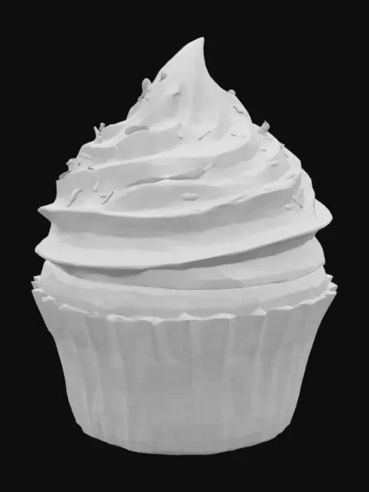 3D model for Красивый стилизованный кекс с нежным, воздушным бисквитом светло-коричневого цвета. Сверху его украшает пышная шапка крема, плавно переходящего в радужные оттенки от красного до фиолетового, который выглядит мягким и кремовым. Поверхность крема обильно посыпана разноцветной кондитерской посыпкой: маленькими хрустящими шариками и тонкими палочками, которые добавляют текстуру и яркость. Бока кекса заключены в бумажную формочку, слегка шероховатую на ощупь. 4к, гиперреализм, ультра детализация.