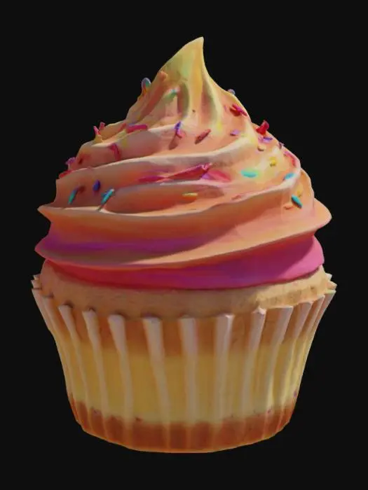 3D model for Красивый стилизованный кекс с нежным, воздушным бисквитом светло-коричневого цвета. Сверху его украшает пышная шапка крема, плавно переходящего в радужные оттенки от красного до фиолетового, который выглядит мягким и кремовым. Поверхность крема обильно посыпана разноцветной кондитерской посыпкой: маленькими хрустящими шариками и тонкими палочками, которые добавляют текстуру и яркость. Бока кекса заключены в бумажную формочку, слегка шероховатую на ощупь. 4к, гиперреализм, ультра детализация.