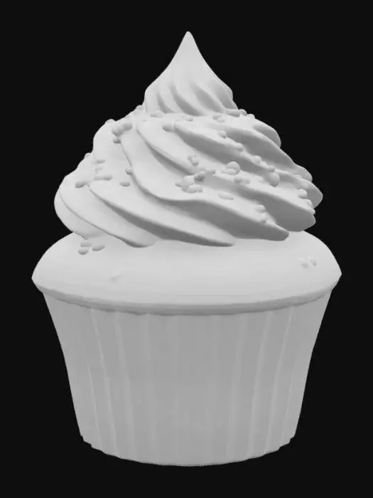 3D model for Красивый стилизованный кекс с нежным, воздушным бисквитом светло-коричневого цвета. Сверху его украшает пышная шапка крема, плавно переходящего в радужные оттенки от красного до фиолетового, который выглядит мягким и кремовым. Поверхность крема обильно посыпана разноцветной кондитерской посыпкой: маленькими хрустящими шариками и тонкими палочками, которые добавляют текстуру и яркость. Бока кекса заключены в бумажную формочку, слегка шероховатую на ощупь. 4к, гиперреализм, ультра детализация.