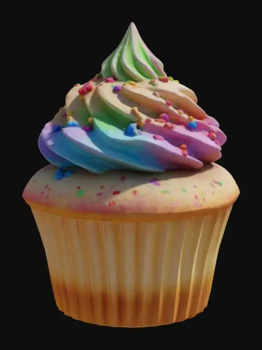 3D model for Красивый стилизованный кекс с нежным, воздушным бисквитом светло-коричневого цвета. Сверху его украшает пышная шапка крема, плавно переходящего в радужные оттенки от красного до фиолетового, который выглядит мягким и кремовым. Поверхность крема обильно посыпана разноцветной кондитерской посыпкой: маленькими хрустящими шариками и тонкими палочками, которые добавляют текстуру и яркость. Бока кекса заключены в бумажную формочку, слегка шероховатую на ощупь. 4к, гиперреализм, ультра детализация.
