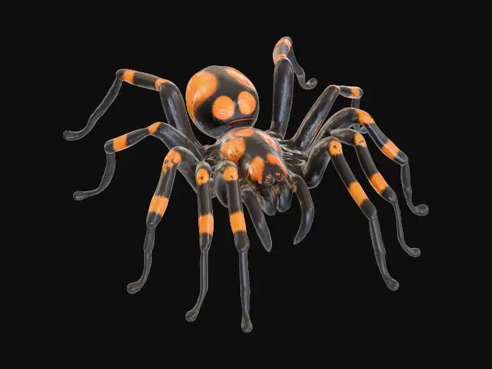 3D model for spider for halloween, with orange stripes and tooth that are very scary., #PBR#