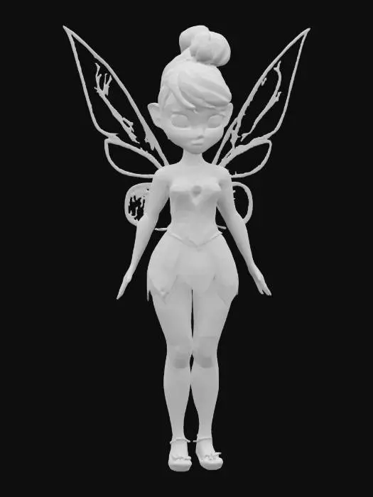 3D model for Tinkerbell from Disney, wearing a white dress with silver and teal accents, fairy wings, beautiful, with her white hair in an updo hairstyle, in a cartoon style, full body shot., #fairy#