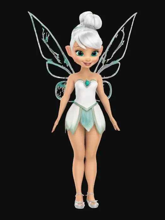 3D model for Tinkerbell from Disney, wearing a white dress with silver and teal accents, fairy wings, beautiful, with her white hair in an updo hairstyle, in a cartoon style, full body shot., #fairy#