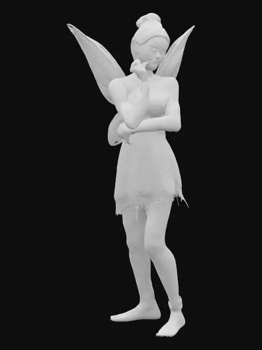 3D model for sexy Tinkerbell, wearing a white dress with silver and teal accents, fairy wings, beautiful, with her blond hair in an updo hairstyle, in a realistic style, full body shot., #fairy#