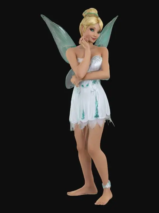 3D model for sexy Tinkerbell, wearing a white dress with silver and teal accents, fairy wings, beautiful, with her blond hair in an updo hairstyle, in a realistic style, full body shot., #fairy#