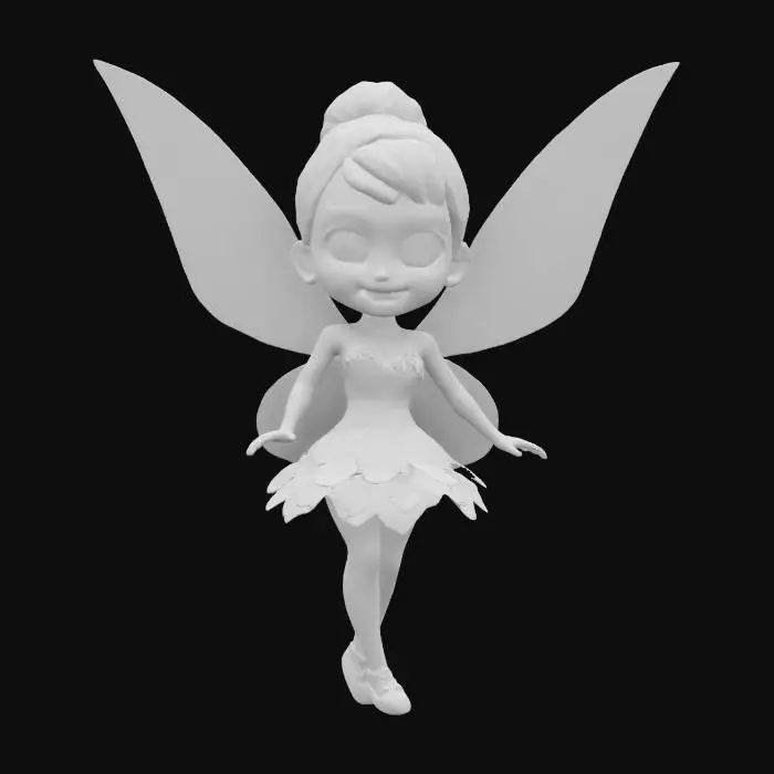 3D model for Tinkerbell from Disney, wearing a white dress with silver and teal accents, fairy wings, beautiful, with her white hair in an updo hairstyle, in a cartoon style, full body shot., #fairy#