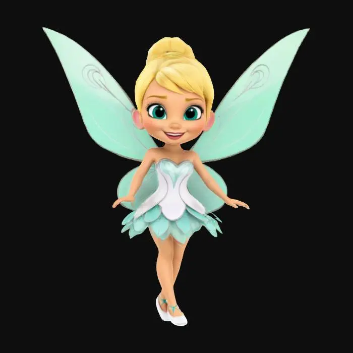 3D model for Tinkerbell from Disney, wearing a white dress with silver and teal accents, fairy wings, beautiful, with her white hair in an updo hairstyle, in a cartoon style, full body shot., #fairy#