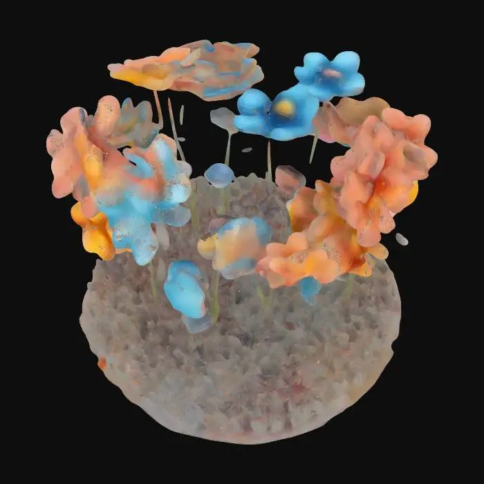 3D model for Bright Colorful Blooming Garden, orange, blue, pink, yellow in cartoon style, #garden#