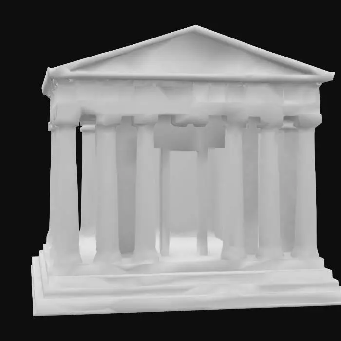3D model for symmetrical forward facing 2D straight on front view of a classic ancient white and gold and blue greek themed temple with thick textured columns carved out of limestone and marble on a solid stone platform base, chunky 3D render digital painted hyper realistic game art. #arch#