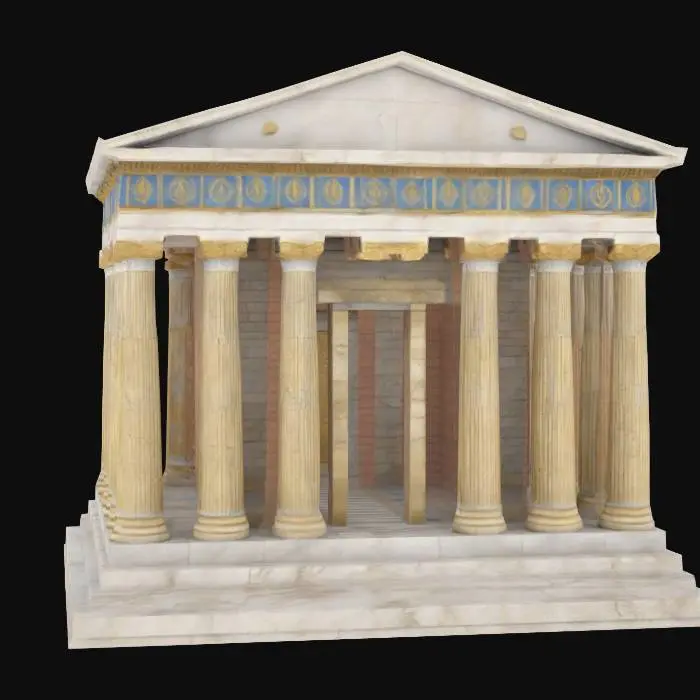 3D model for symmetrical forward facing 2D straight on front view of a classic ancient white and gold and blue greek themed temple with thick textured columns carved out of limestone and marble on a solid stone platform base, chunky 3D render digital painted hyper realistic game art. #arch#