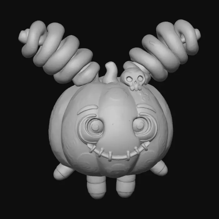 3D model for The object is a whimsical, pumpkin-shaped doll with a smooth, cartoonish texture, characterized by an orange and purple color scheme, oversized eyes, and playful, sculpted details like a skull ornament and spiral pigtails., #Halloween2025#