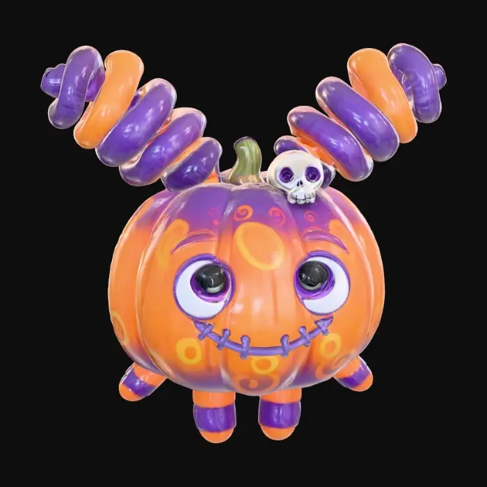 3D model for The object is a whimsical, pumpkin-shaped doll with a smooth, cartoonish texture, characterized by an orange and purple color scheme, oversized eyes, and playful, sculpted details like a skull ornament and spiral pigtails., #Halloween2025#