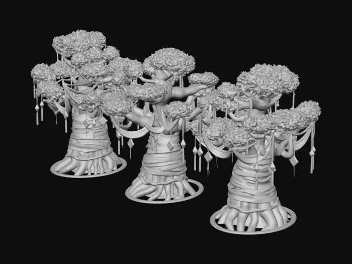 3D model for An ancient Buddhist incense-wishing tree, massive gnarled trunk wrapped with crimson, gold, and white silk prayer ribbons and Tibetan prayer flags hanging down from thick branches, ends tied with auspicious knots. Wisps of incense smoke curling around the canopy, ancient temple courtyard background, dappled sunlight filtering through leaves, sacred serene atmosphere, cinematic lighting, 8K, ultra detailed, photorealistic