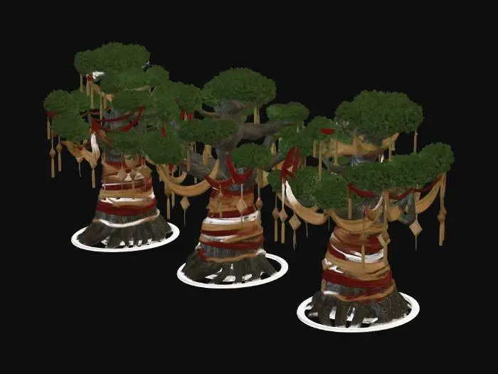 3D model for An ancient Buddhist incense-wishing tree, massive gnarled trunk wrapped with crimson, gold, and white silk prayer ribbons and Tibetan prayer flags hanging down from thick branches, ends tied with auspicious knots. Wisps of incense smoke curling around the canopy, ancient temple courtyard background, dappled sunlight filtering through leaves, sacred serene atmosphere, cinematic lighting, 8K, ultra detailed, photorealistic