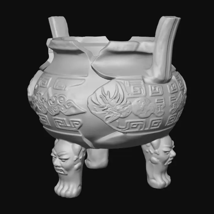 3D model for Same exact incense burner shape, same angle same silhouette, unchanged outline, broken cracked incense burner, fragmented edges, chipped parts, damaged texture, no smoke, cooling state, keep the same overall structure