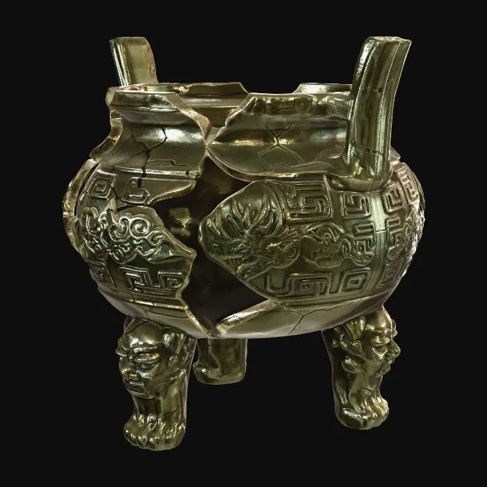 3D model for Same exact incense burner shape, same angle same silhouette, unchanged outline, broken cracked incense burner, fragmented edges, chipped parts, damaged texture, no smoke, cooling state, keep the same overall structure
