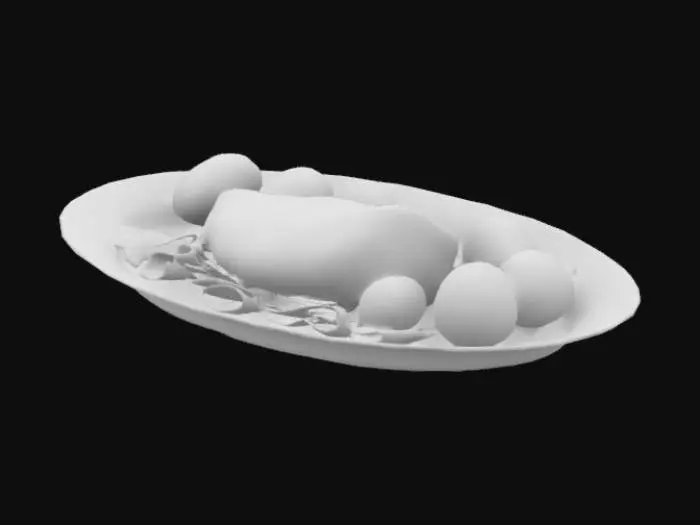 3D model for Un piatto d'argento ovale, con sopra un salmone affumicato, patate arrosto e una fetta di limone. Ultrarealistico