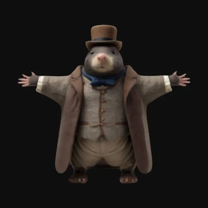 3D model for an anthropomorphic mole, dressed as a victorian gentleman, with a soft hat and a wool jacket. realistic style, beatrix potter character, soft lineaments, t pose
