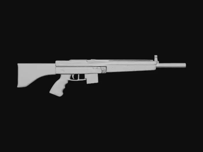 3D model for Simple flat cartoon sci‑fi rifle‑like device in side view, long rectangular body with stock and barrel, but no magazine, no mag well, no protrusions on the bottom at all, just a smooth straight underside.