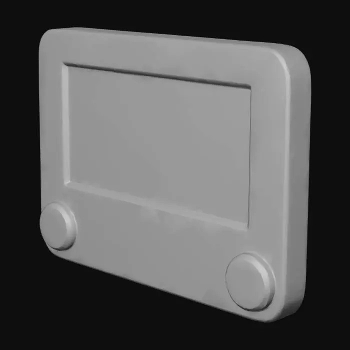 3D model for Etch-A-Sketch with a red plastic frame, dual rotating knobs, and screen overlay